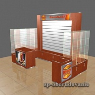 Пристенный торговый павильон из стекла и дсп — вид спереди, островки для ТЦ, пример исполнения, варианты остекления и витрин