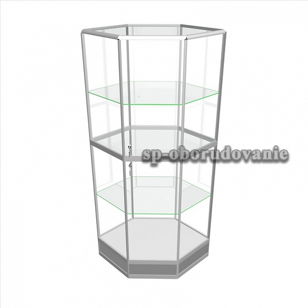 Витрина шестигранная угловая из стекла и АЛ-профиля прозрачная с нижним кантом
