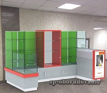 Павильон из стекла и лдсп, размер 1100/1800Х3750Х1200 — вид спереди, островки для ТЦ, пример исполнения, варианты остекления и витрин